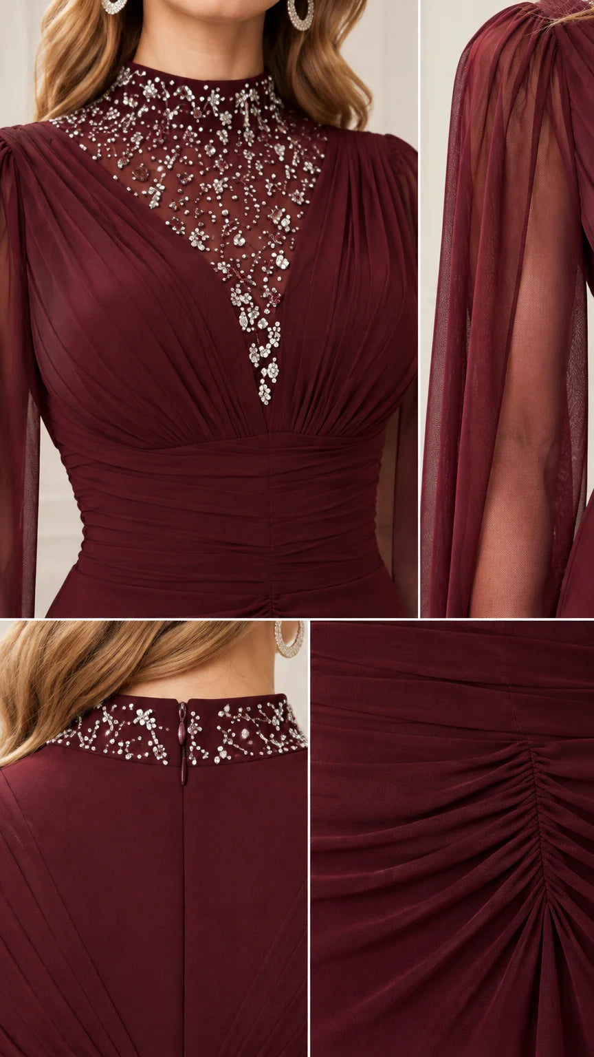 Close-up details of sparkling rhinestone neckline and ruched waist on burgundy gown