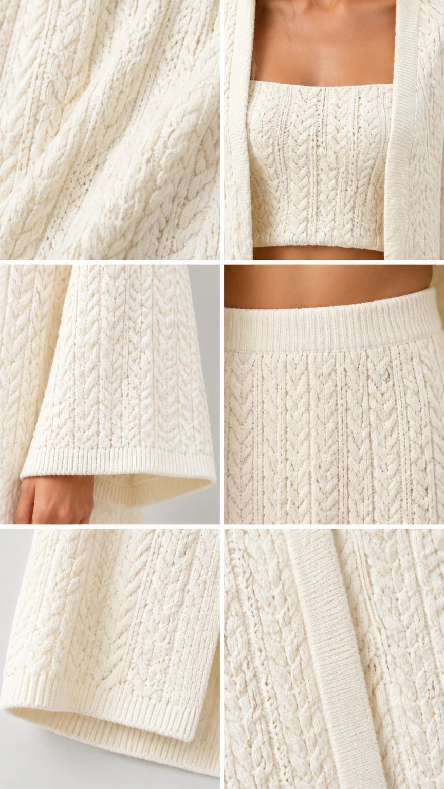 Close-up details of cable-knit texture, cropped square neckline, and ribbed sleeve cuffs