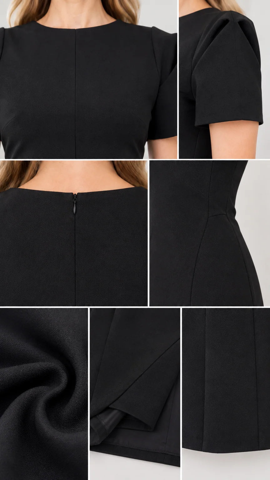 Close-up details of neckline, pleated shoulder, back zip, and fabric texture