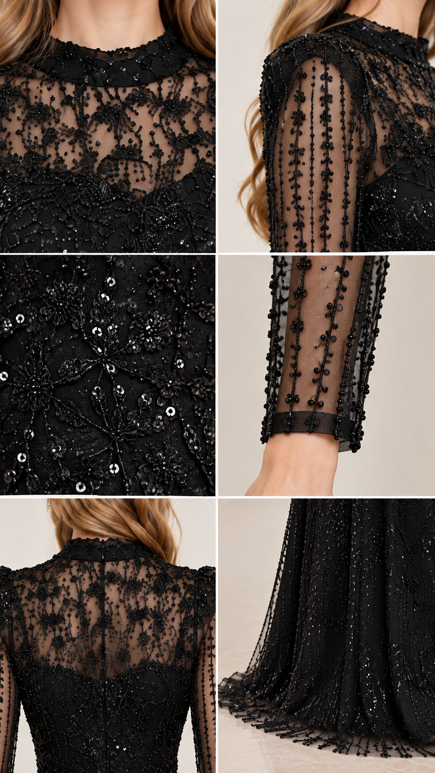 Close-up details of sequin embroidery, illusion neckline, and embellished sleeves