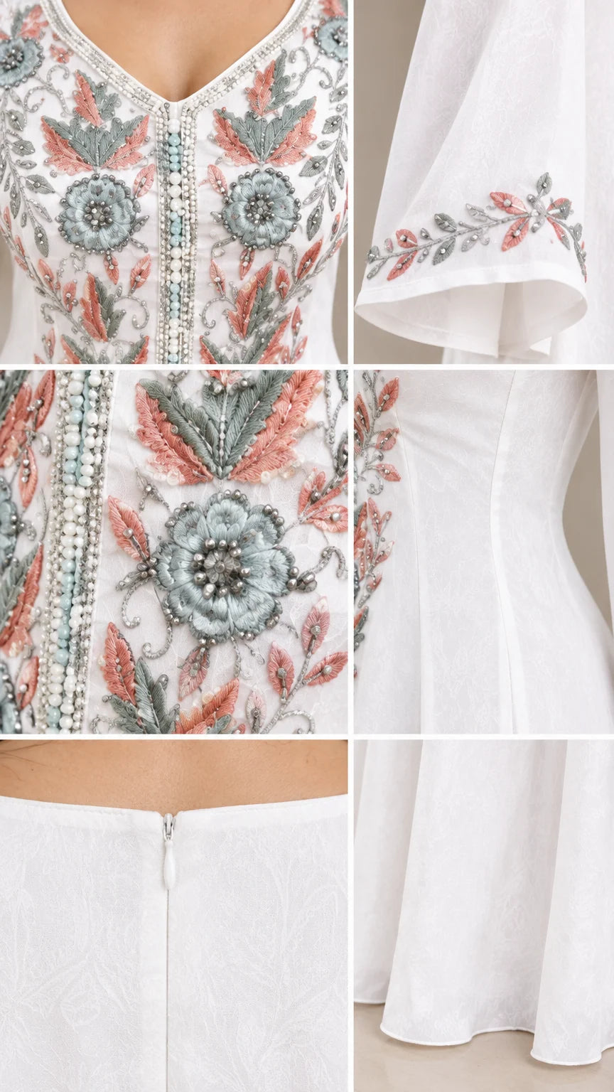Close-up details of intricate floral embroidery, beaded cuffs, and zipper