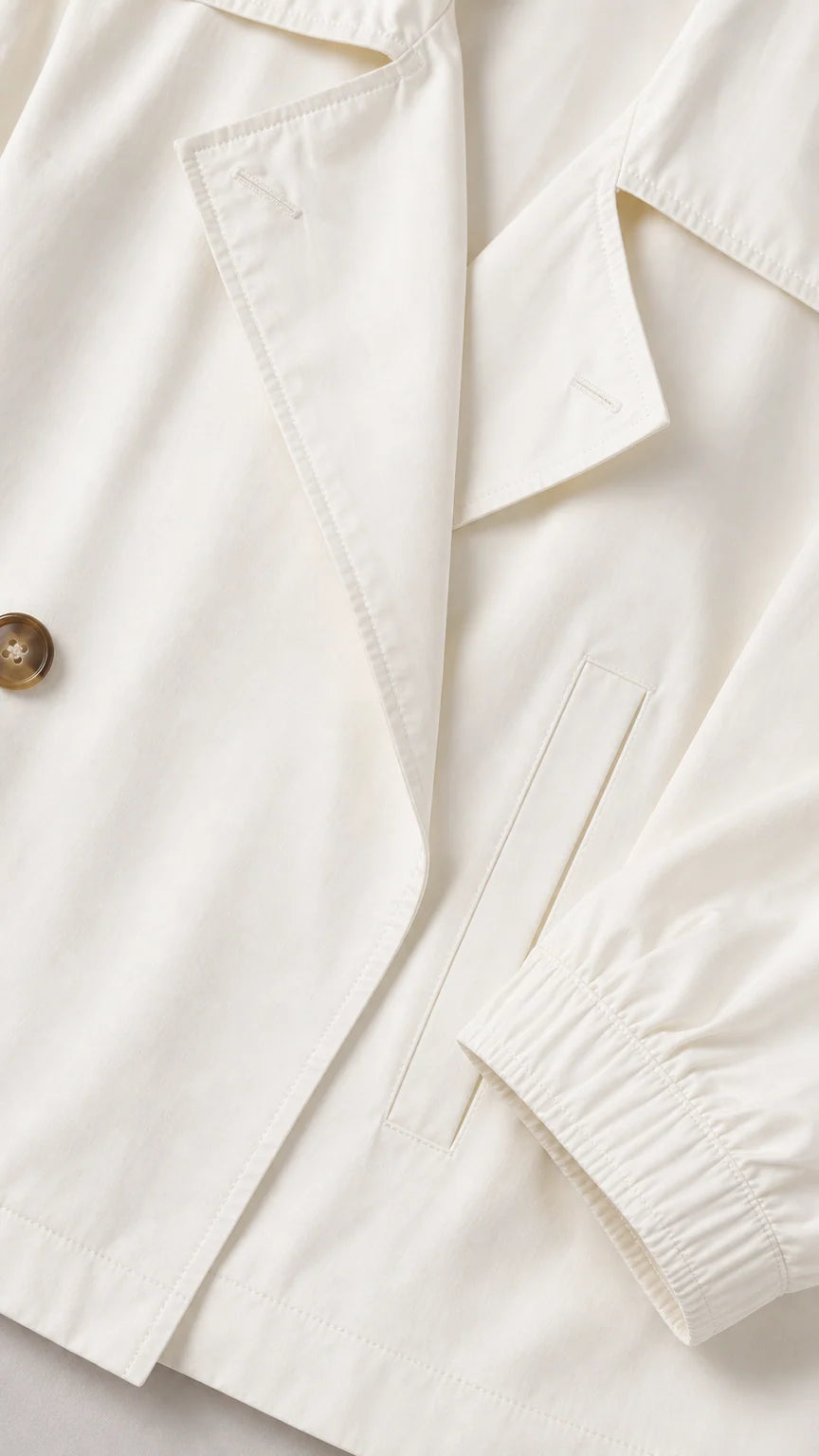 Close-up of the white blazer lapel, front button, pocket, and elastic cuff details