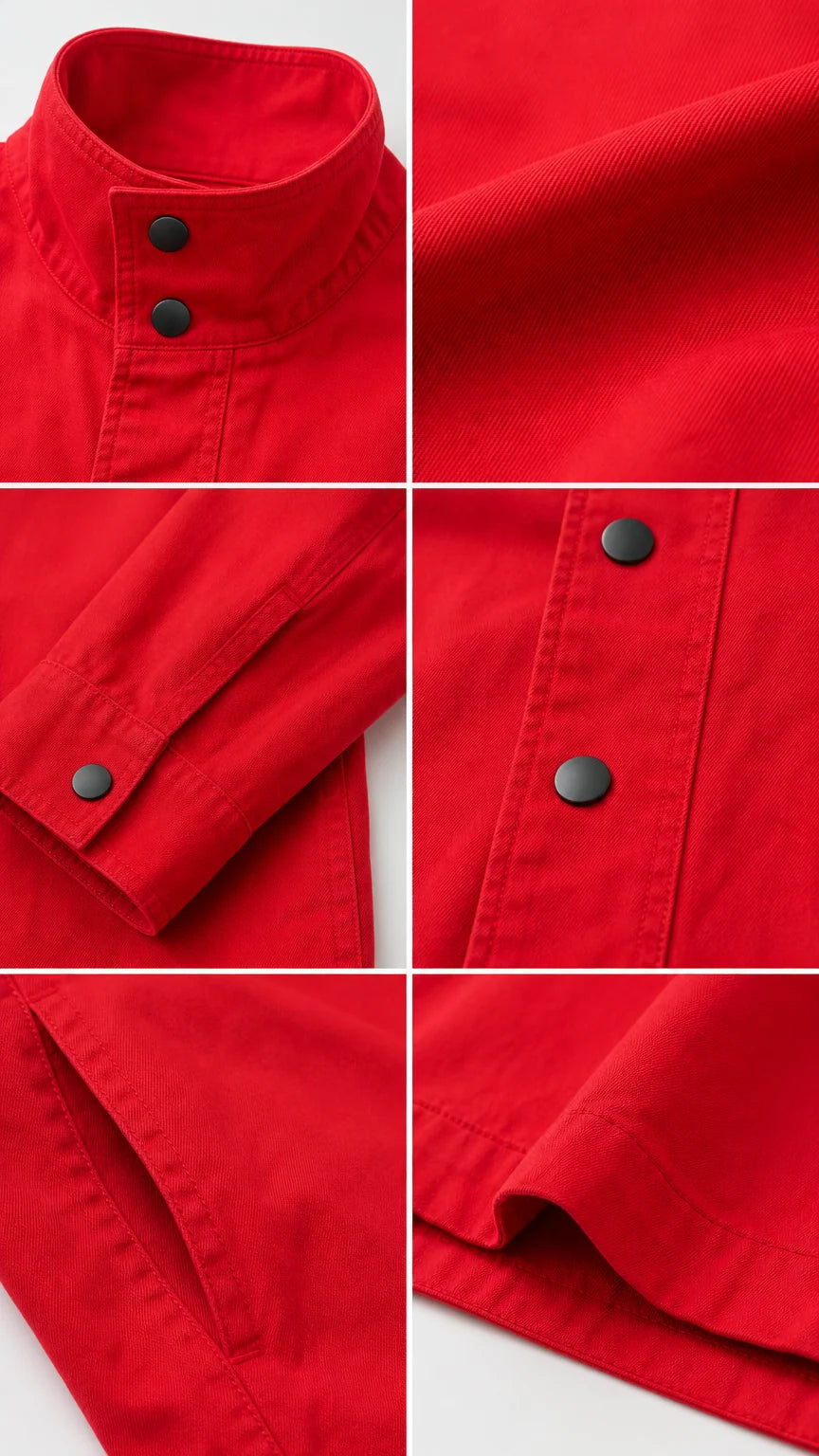 Detailed close-up of stand collar, snap buttons, twill fabric weave, and pocket construction