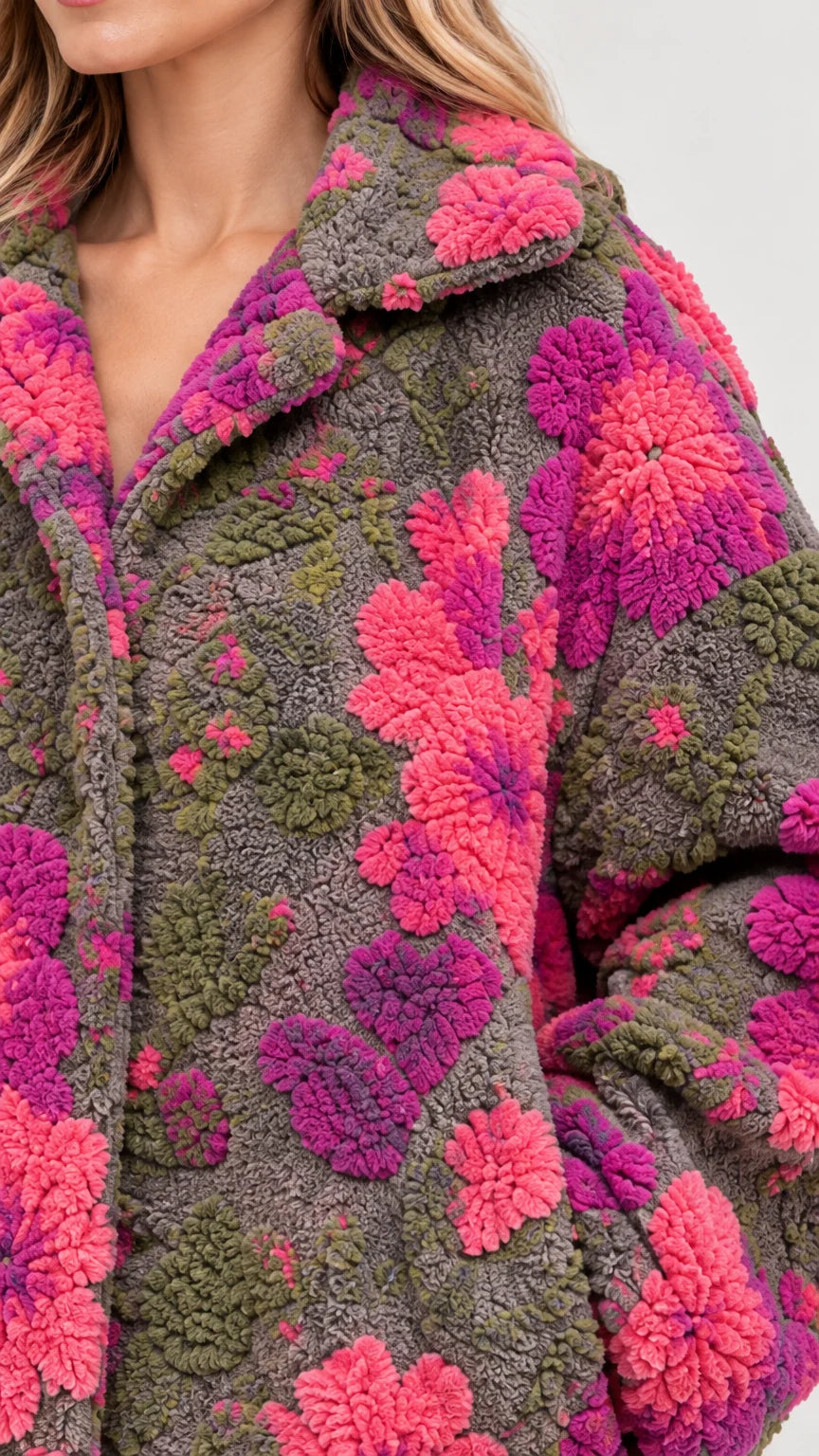 Close-up detail of textured floral sherpa fleece fabric and lapel collar