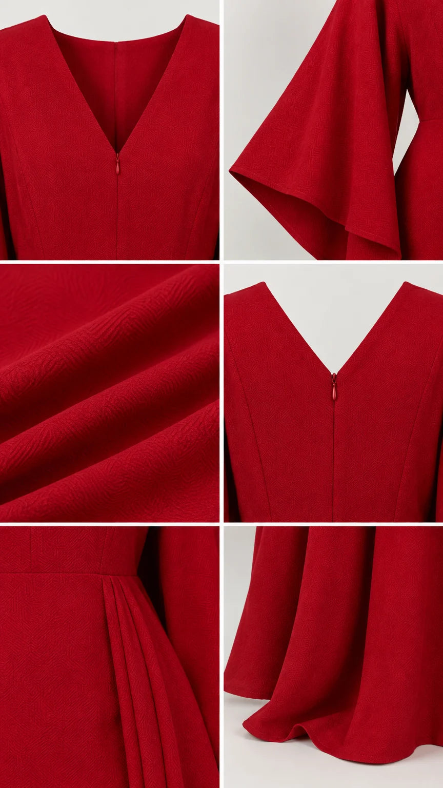 Close-up detail collage showing fabric texture, neckline, and cape sleeve drapery