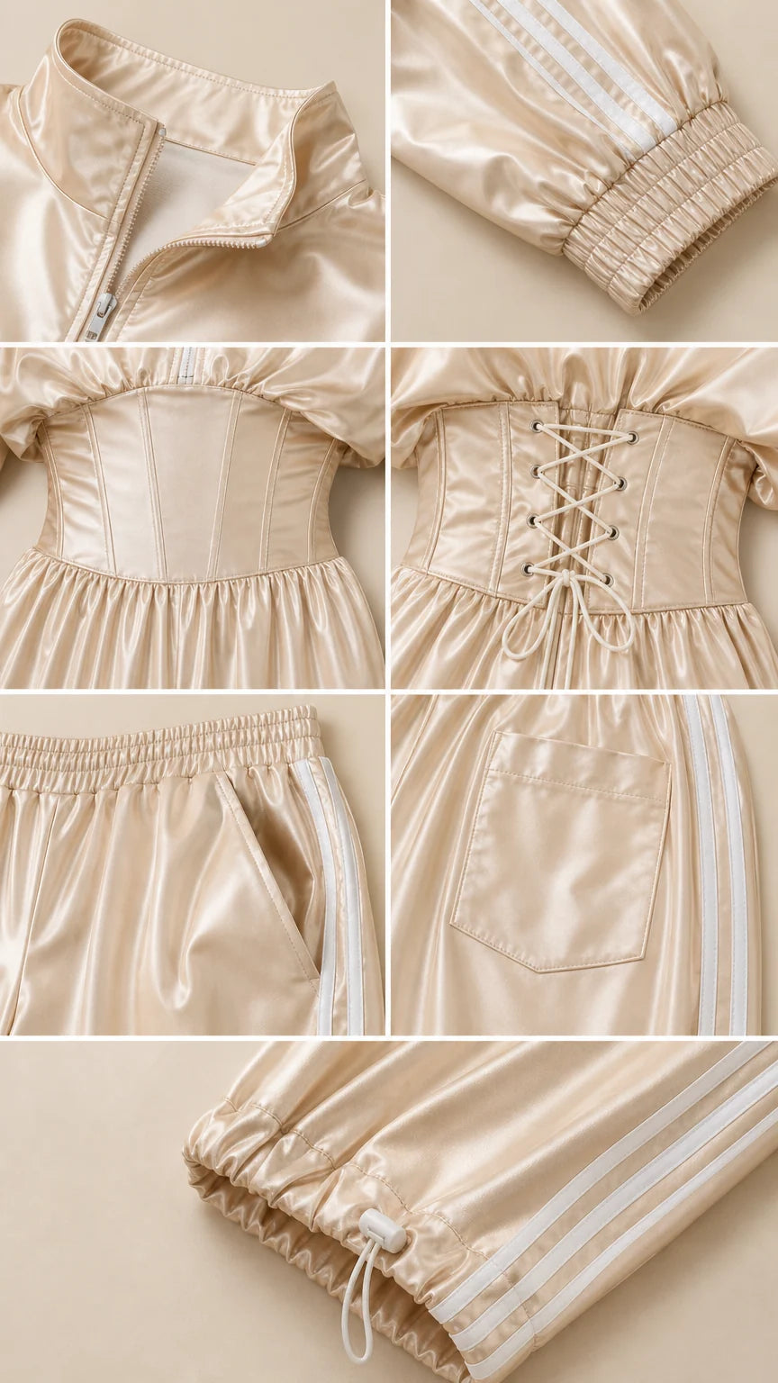Close-up details of neckline zipper, striped cuffs, corset stitching, back pocket, and hem toggle
