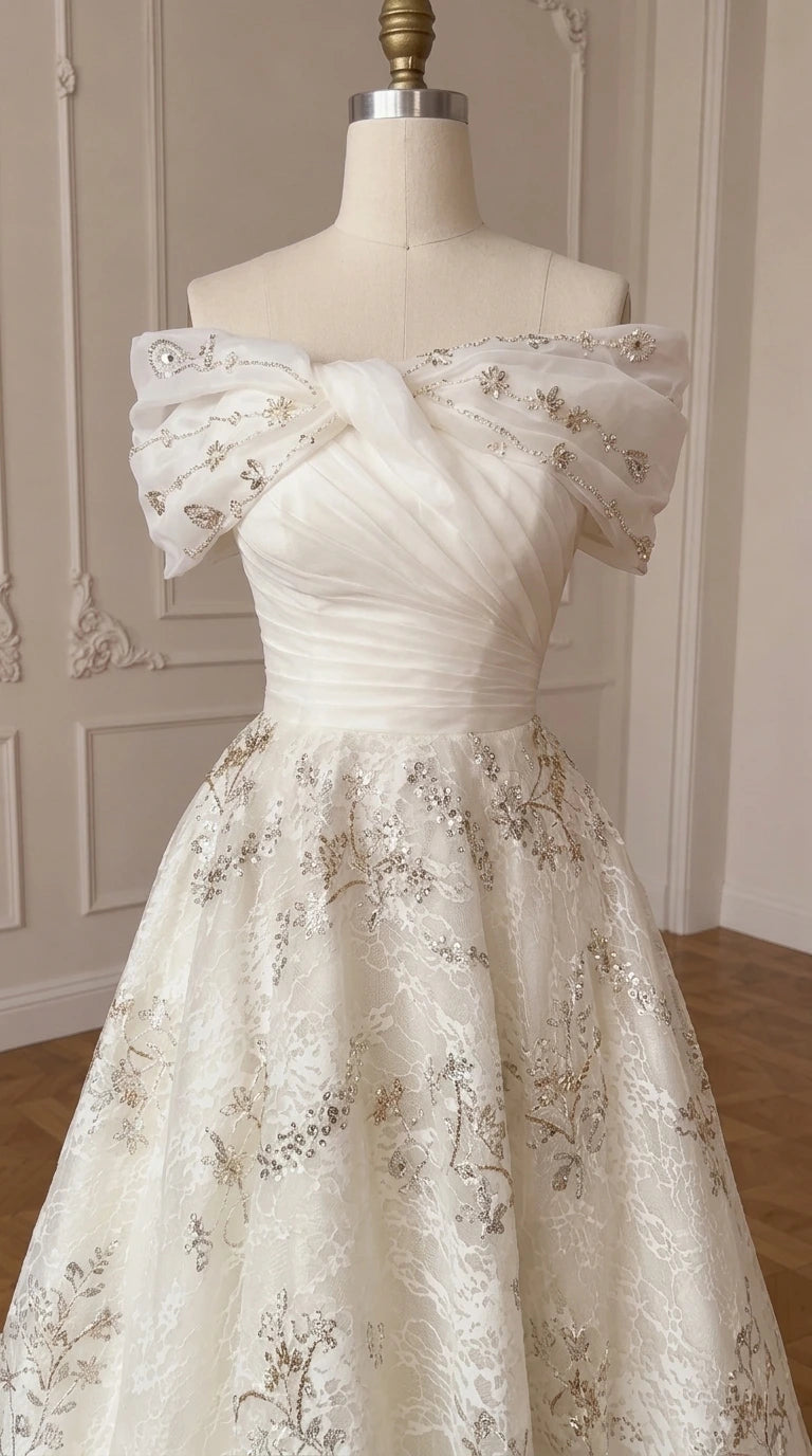 Close-up mannequin display of ivory ruched bodice and embroidered skirt details