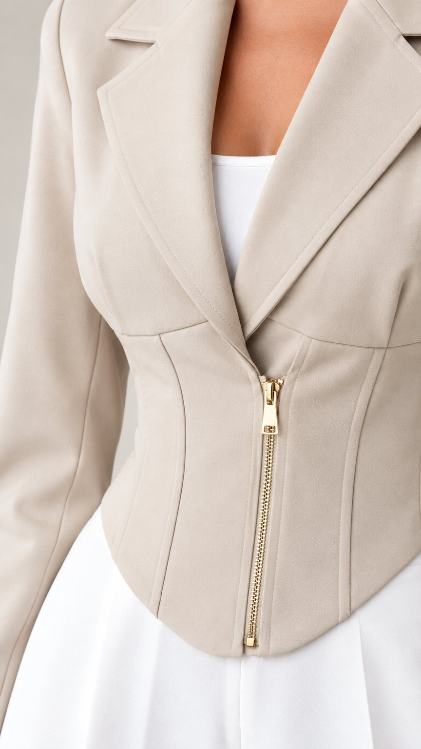 Close-up of beige corset blazer showing notch lapels and front zip closure