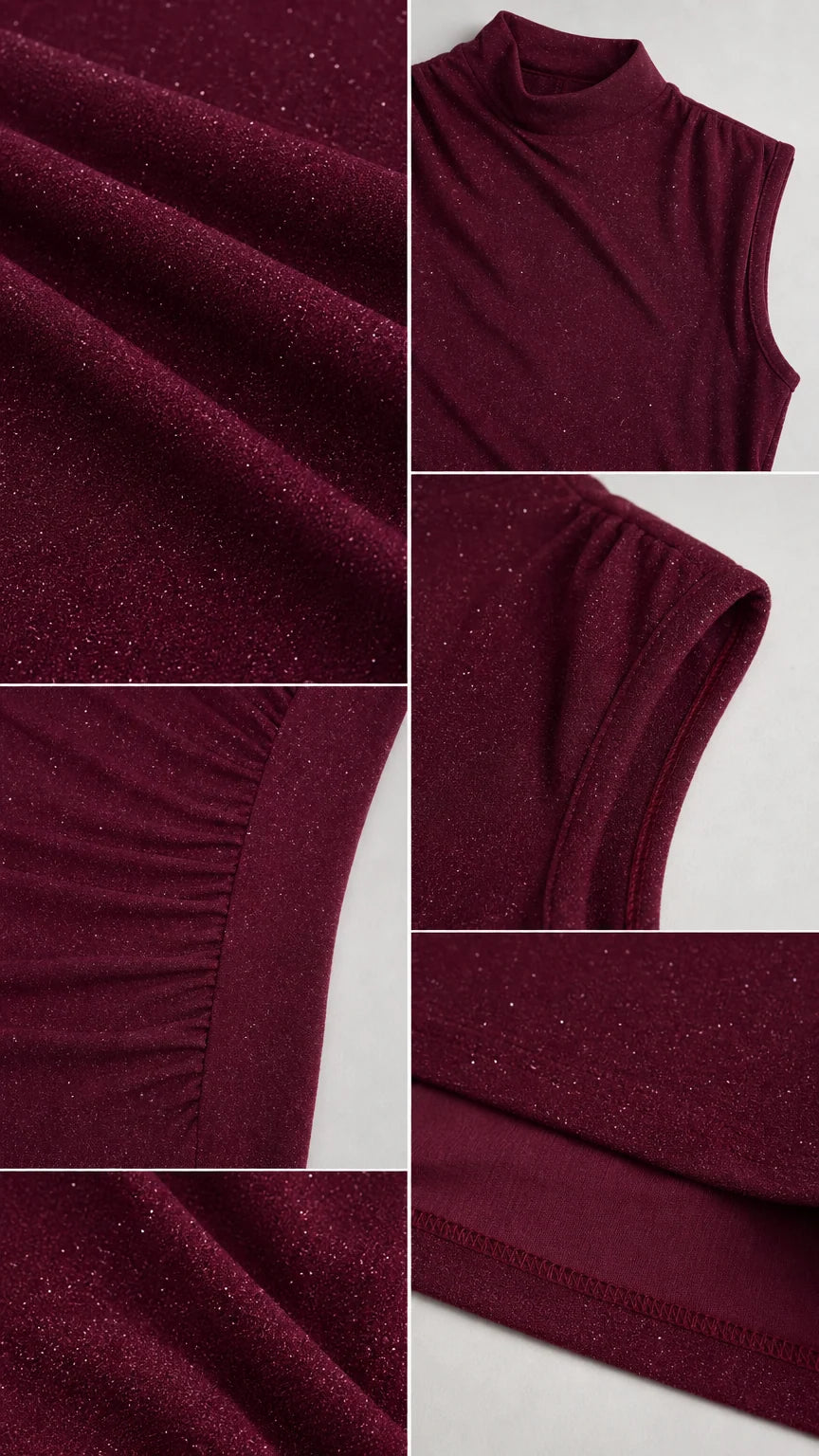 Close-up details of burgundy shimmer knit fabric and side ruching