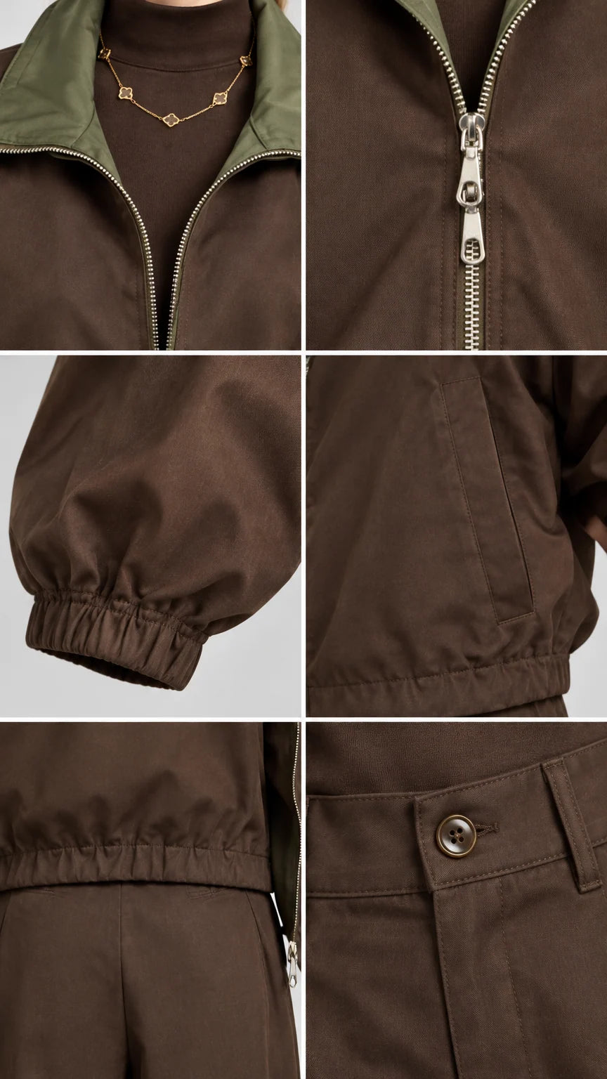 Detailed close-ups of collar, metal zipper, elastic cuff, side pocket, and waistband button