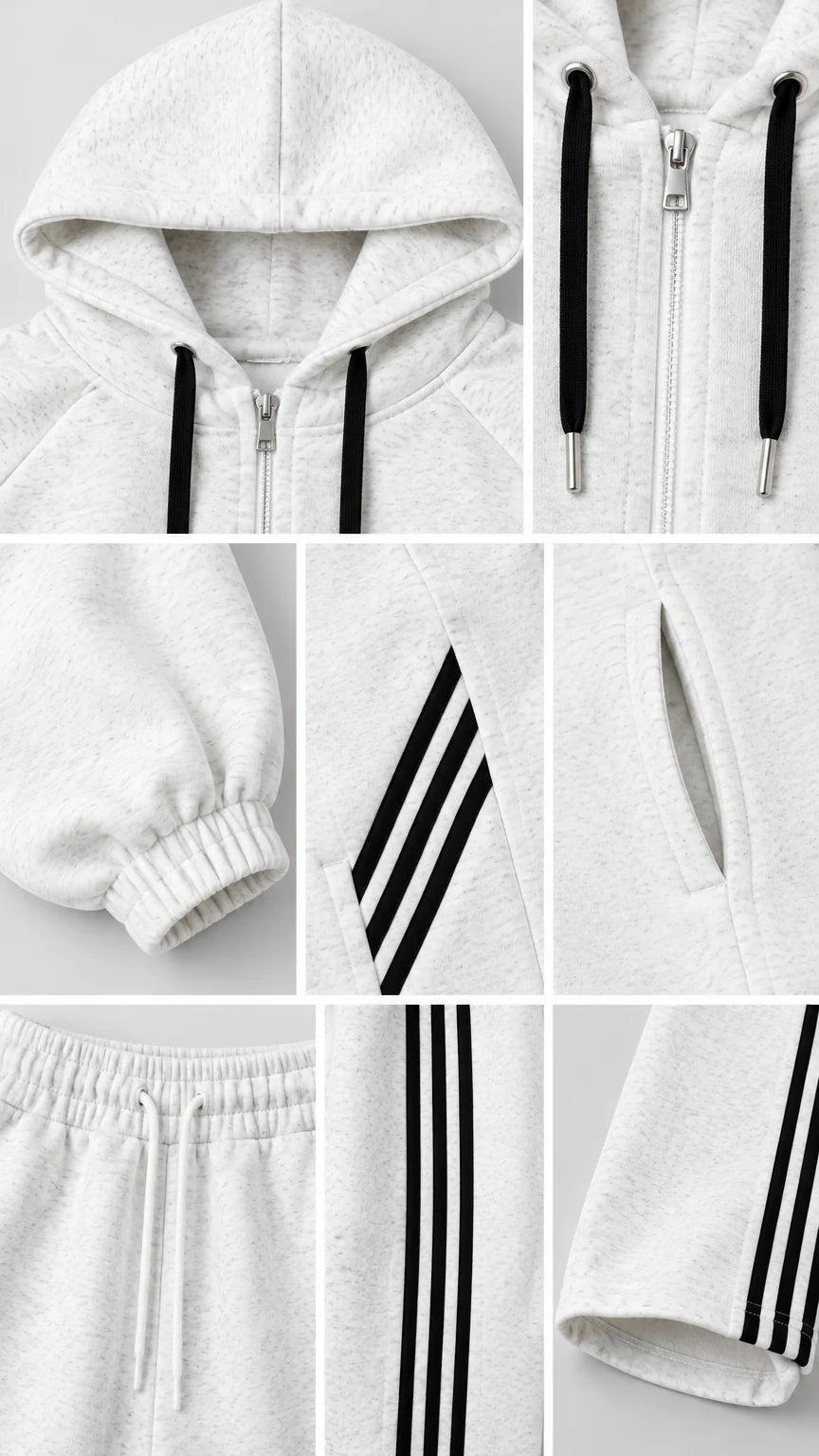 Close-up details of hood drawstring, metal zipper, elastic cuff, side stripes, and pockets