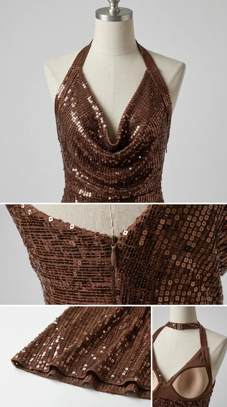Detailed close-up collage of bronze sequin neckline, zipper closure, and hem finish