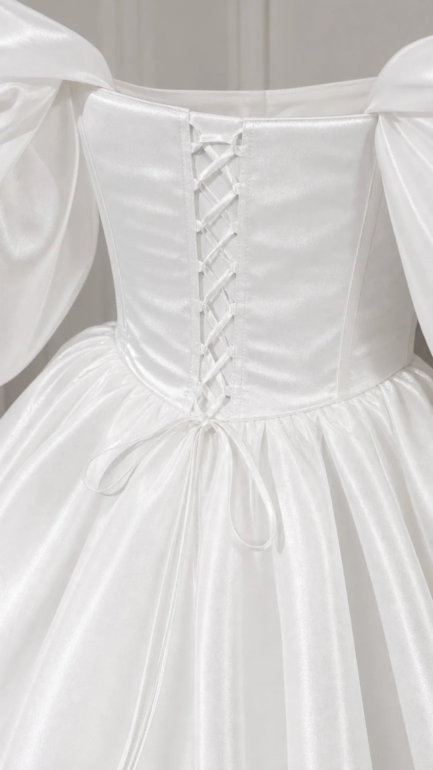 Close-up of lace-up corset back detail on white satin gown