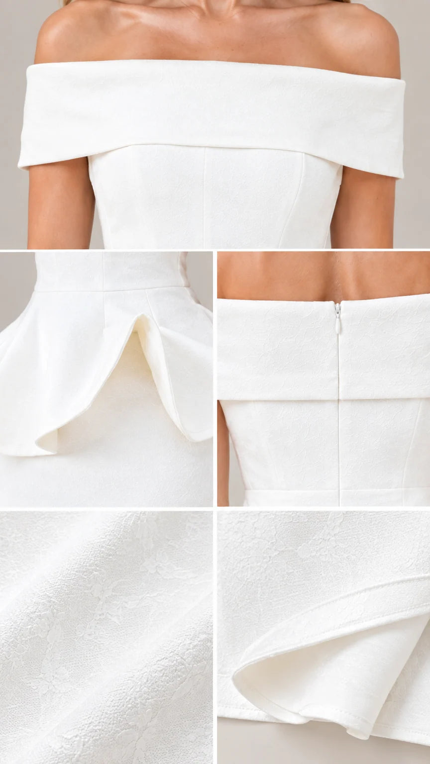 Close-up details of fold-over neckline, peplum waist, back zipper, and textured fabric