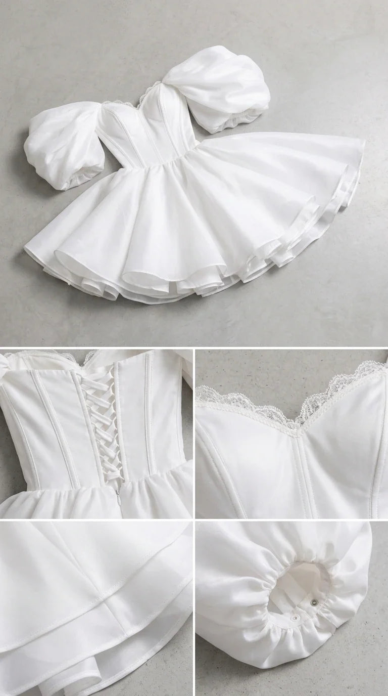 Product flat lay and detail views of white corset bodice, lace trim, and puff sleeves