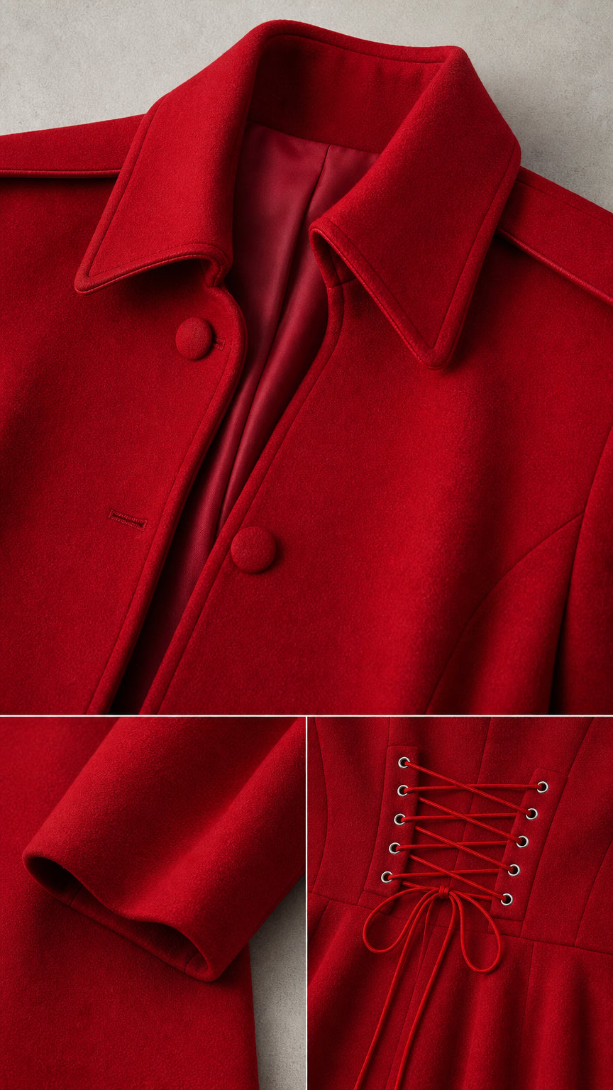 Close-up details of collar, covered buttons, sleeve cuff, and back lace-up on Red coat