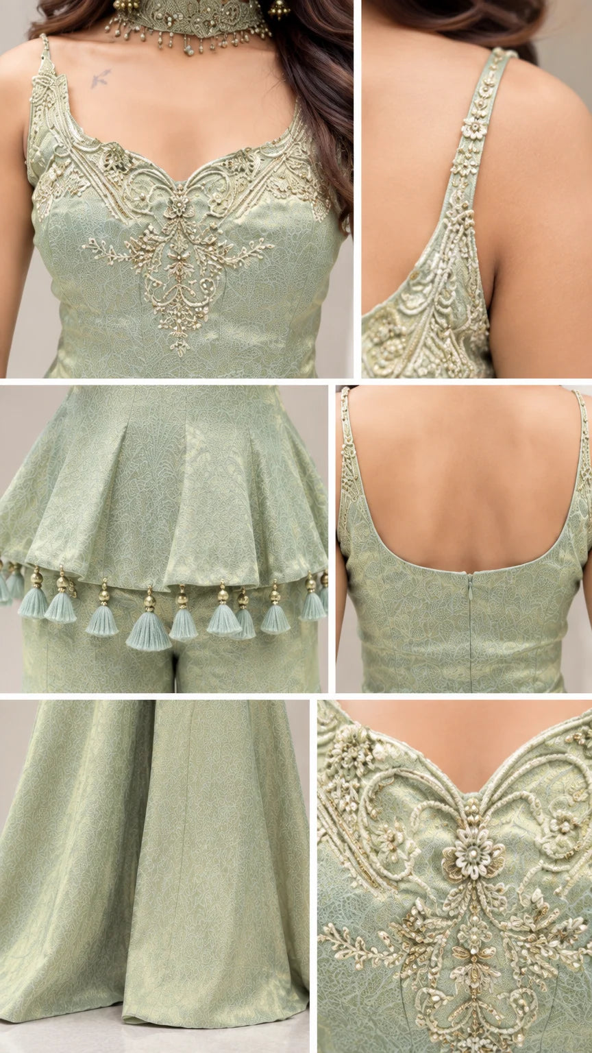 Close-up details of sage green top embroidery, back neckline, tassel trim, and pant flare