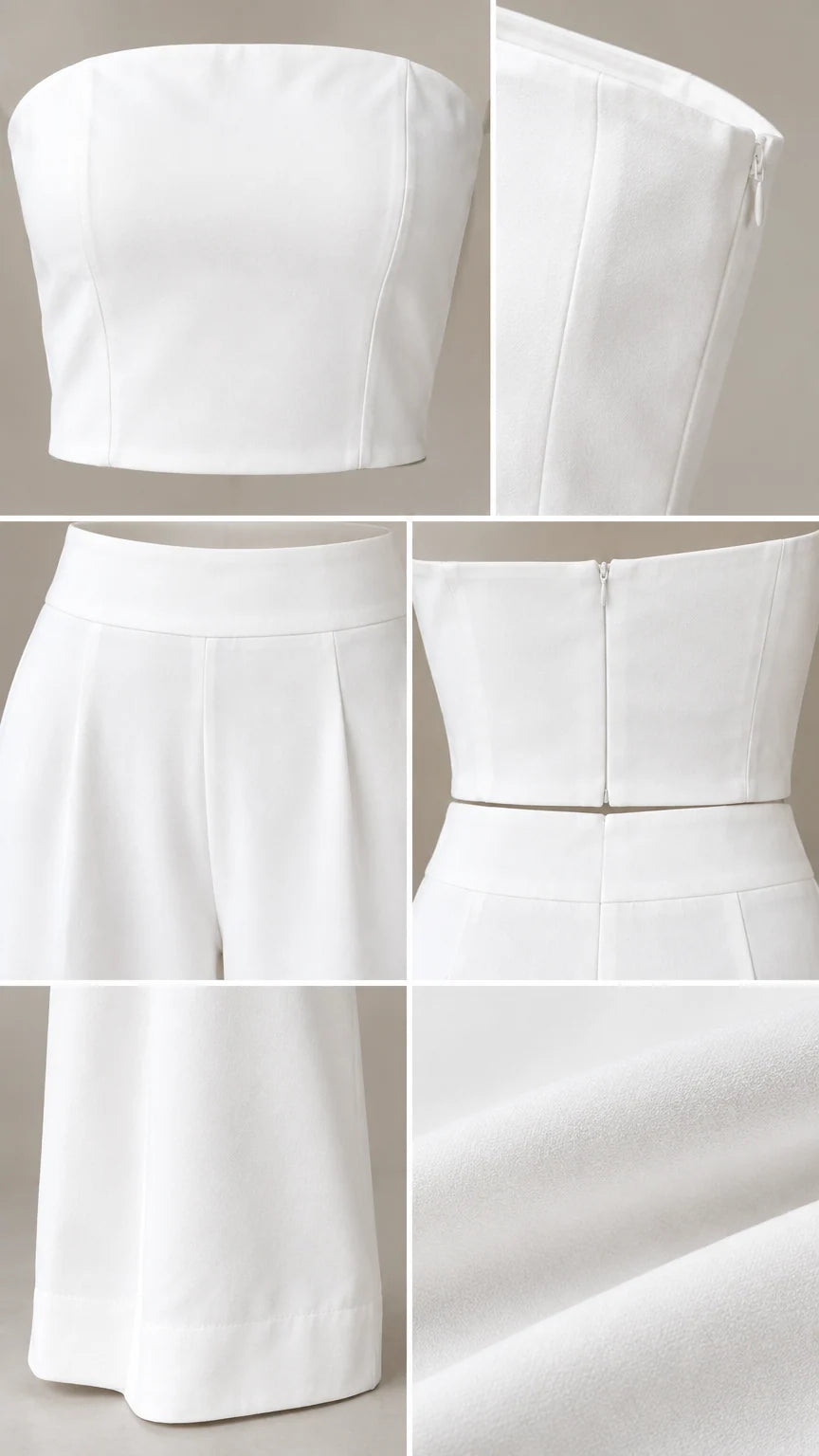 Close-up details of bodice seams, side zipper, and pleated trouser fabric