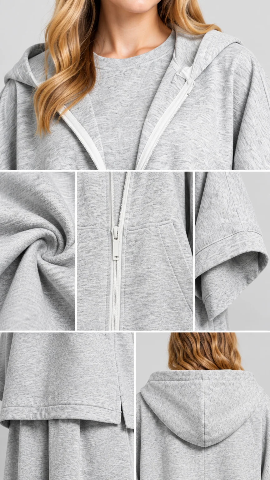 Close-up details of heathered fleece fabric, zipper closure, and cape sleeve design