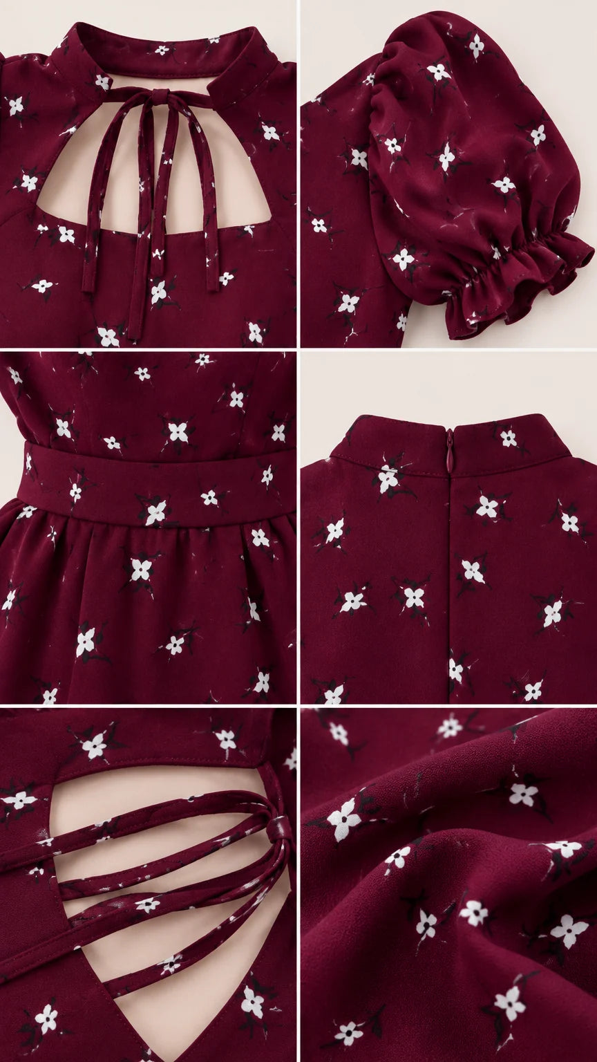 Detailed close-ups of neckline ties, puff sleeve cuffs, back cutouts, and floral fabric
