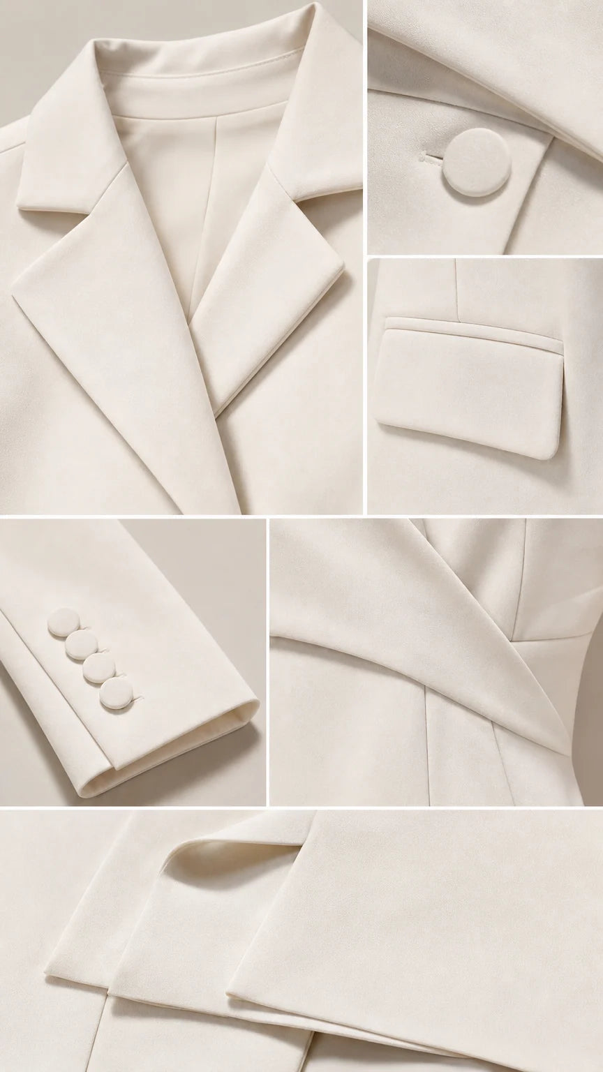 Close-up details of white blazer notched lapel, covered button, and flap pocket