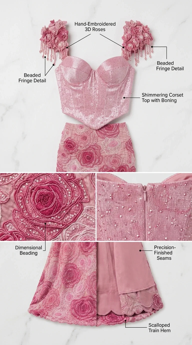 Close-up details of 3D rose shoulder appliques, beaded fringe, and boned corset bodice