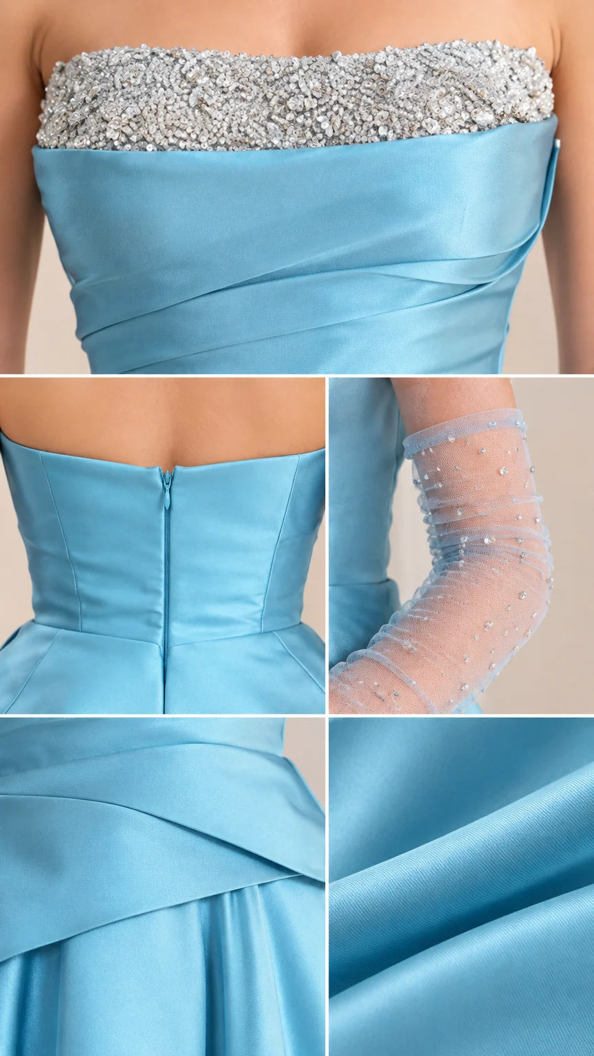 Close-up details of beaded neckline, zipper back, pleated waist, and satin fabric