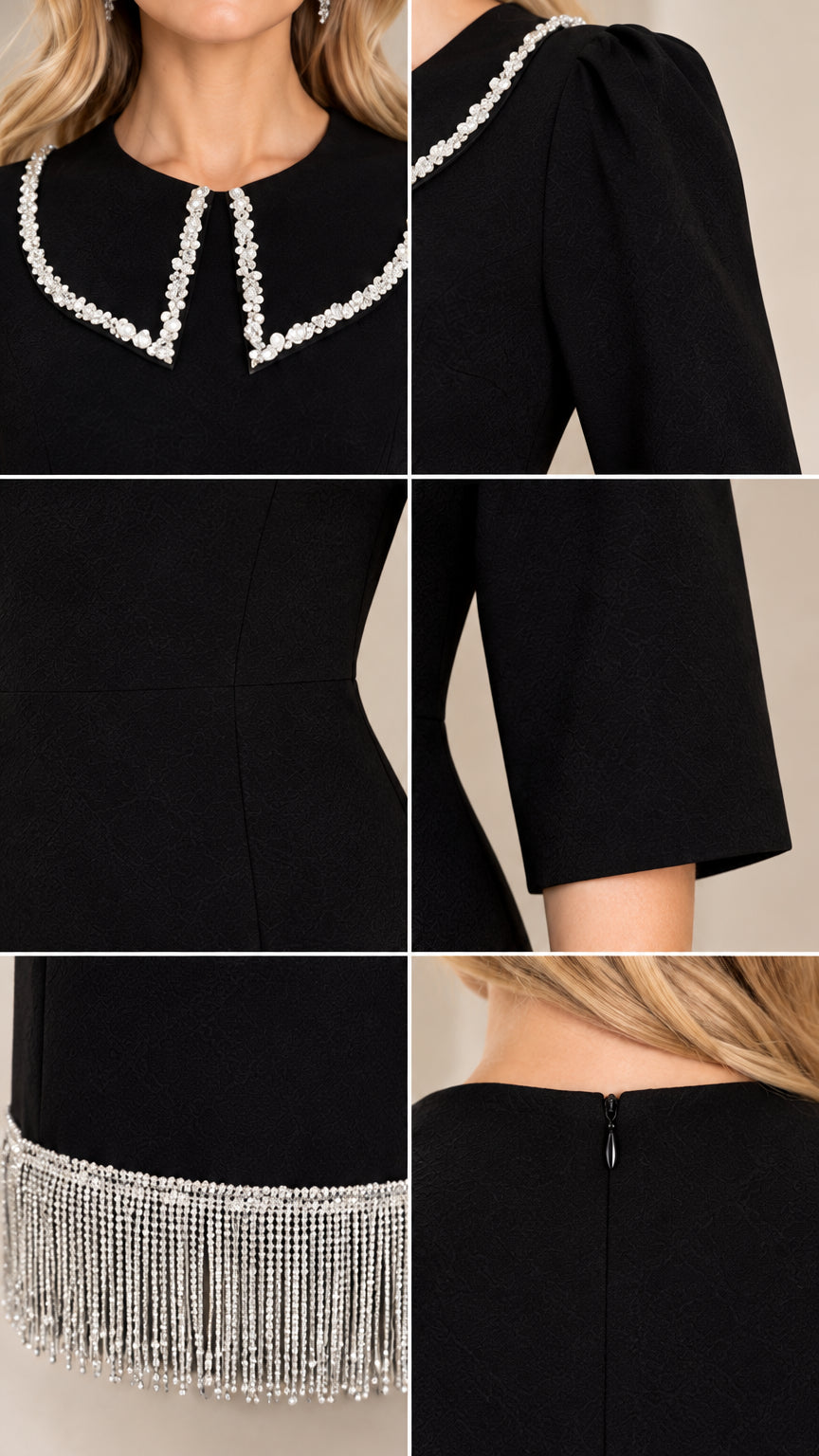 Close-up details of beaded Peter Pan collar, sleeve cuff, and crystal fringe hem