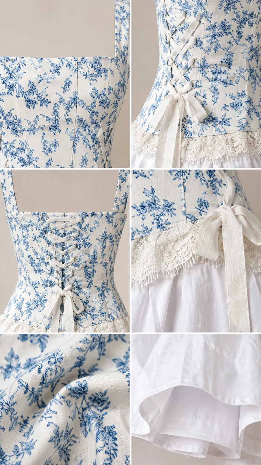 Close-up details of floral corset fabric, ribbon lace-up, lace trim, and hem lining