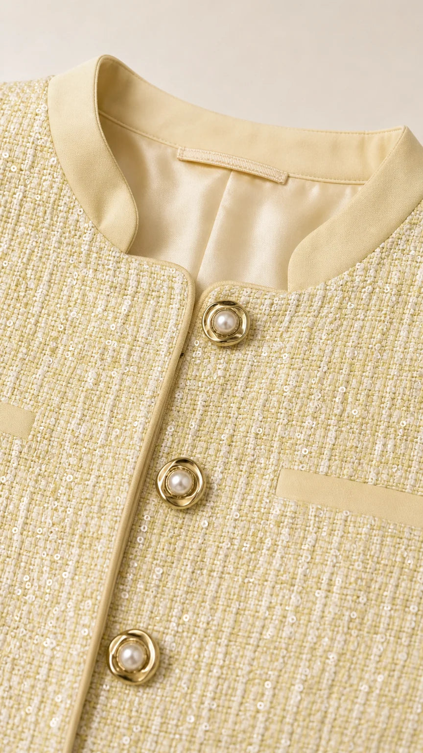 Close-up detail of light yellow woven tweed texture, lining, and pearl buttons