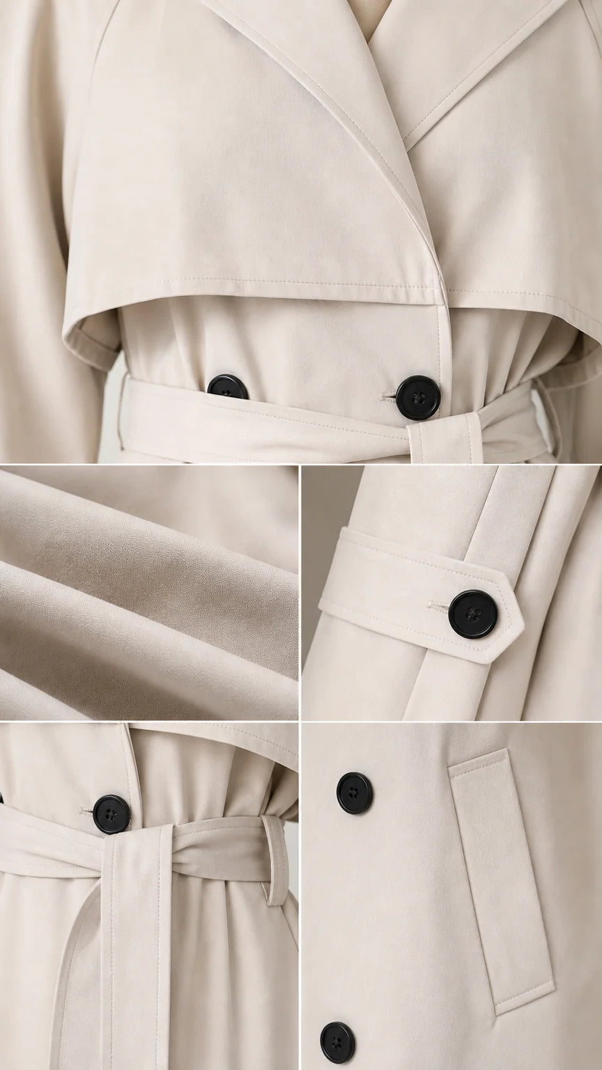 Detailed close-up views of lapel storm flap, smooth fabric texture, cuff button, and waist belt