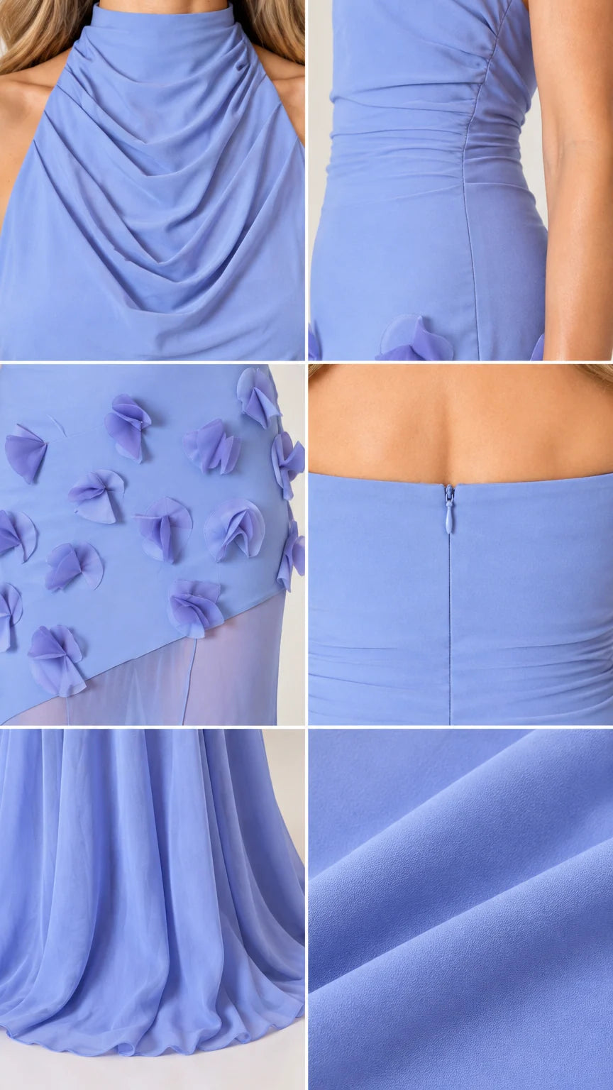 Detailed close-up views of draped cowl neck, 3D floral petals, and back zipper