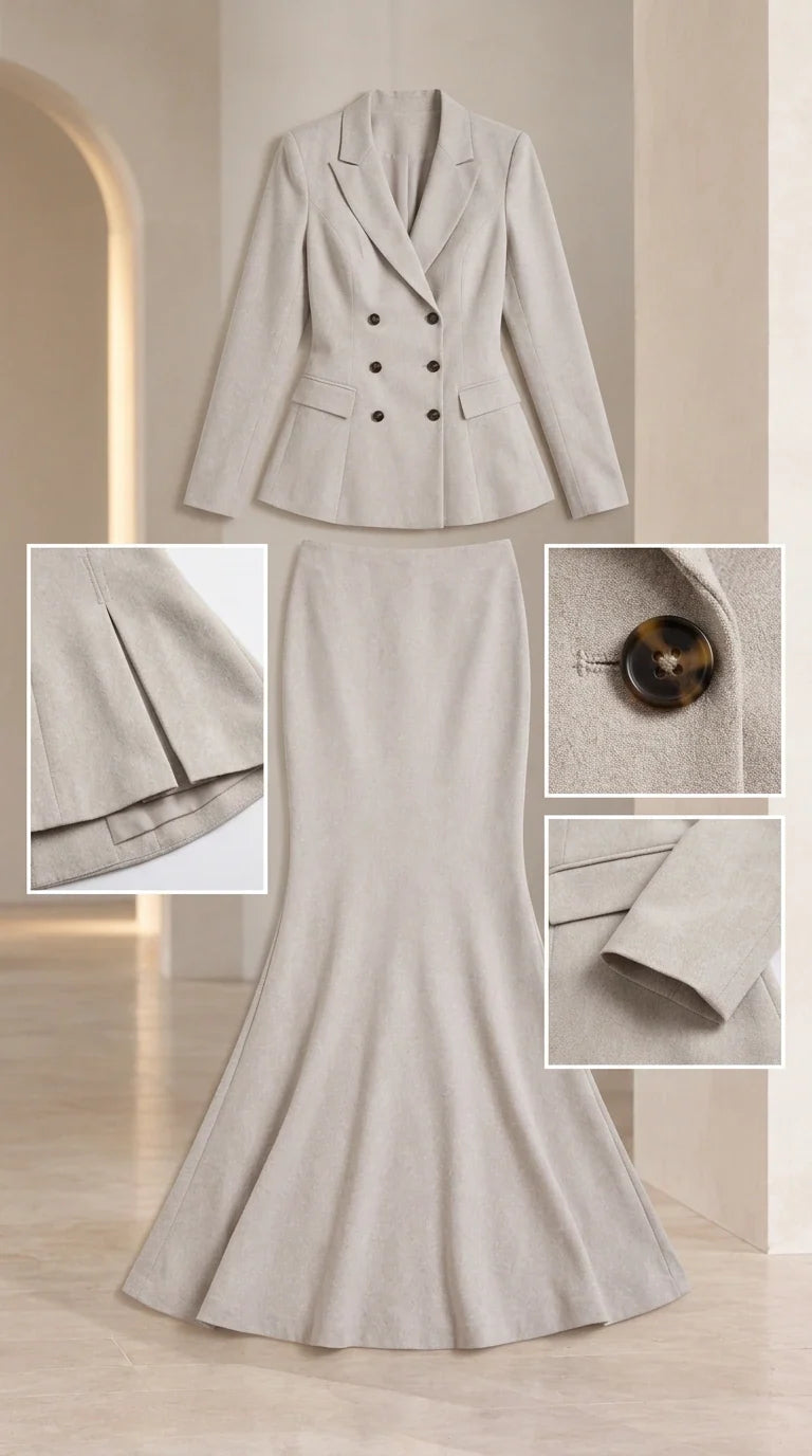Product flat lay and tailoring details of Light Grey blazer and maxi skirt