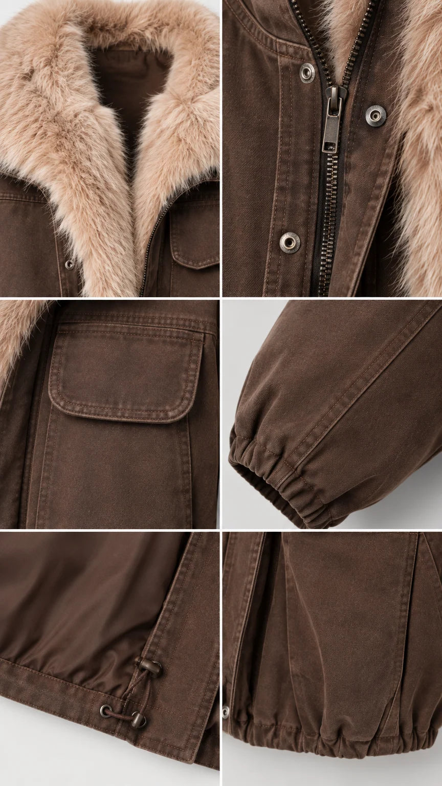 Detailed collage showing faux fur collar, zipper hardware, flap pocket, and cinch hem