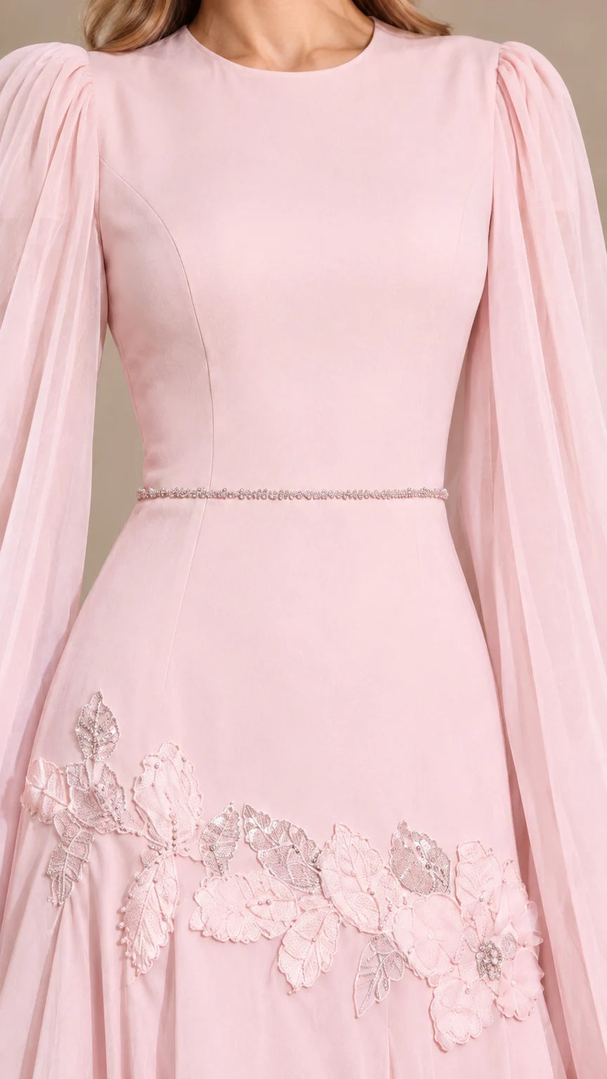 Close-up detail of Blush Pink bodice, delicate waist trim, and floral lace applique