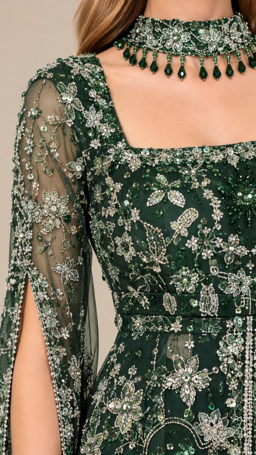 Close-up detail of emerald green embroidered floral beadwork, neckline, and matching choker necklace