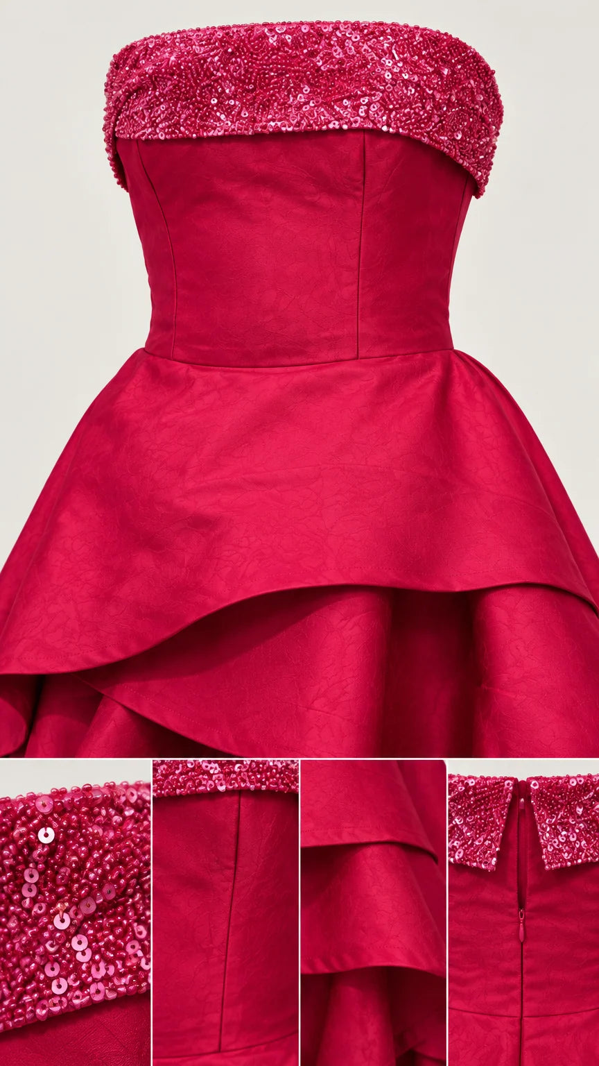 Close-up details of sequin bust trim, bodice seams, and layered ruffles on Fuchsia dress