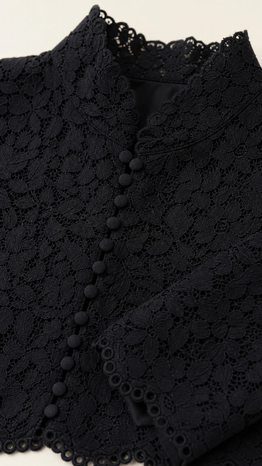 Close-up detail of black floral lace fabric, button placket, and scalloped high neckline