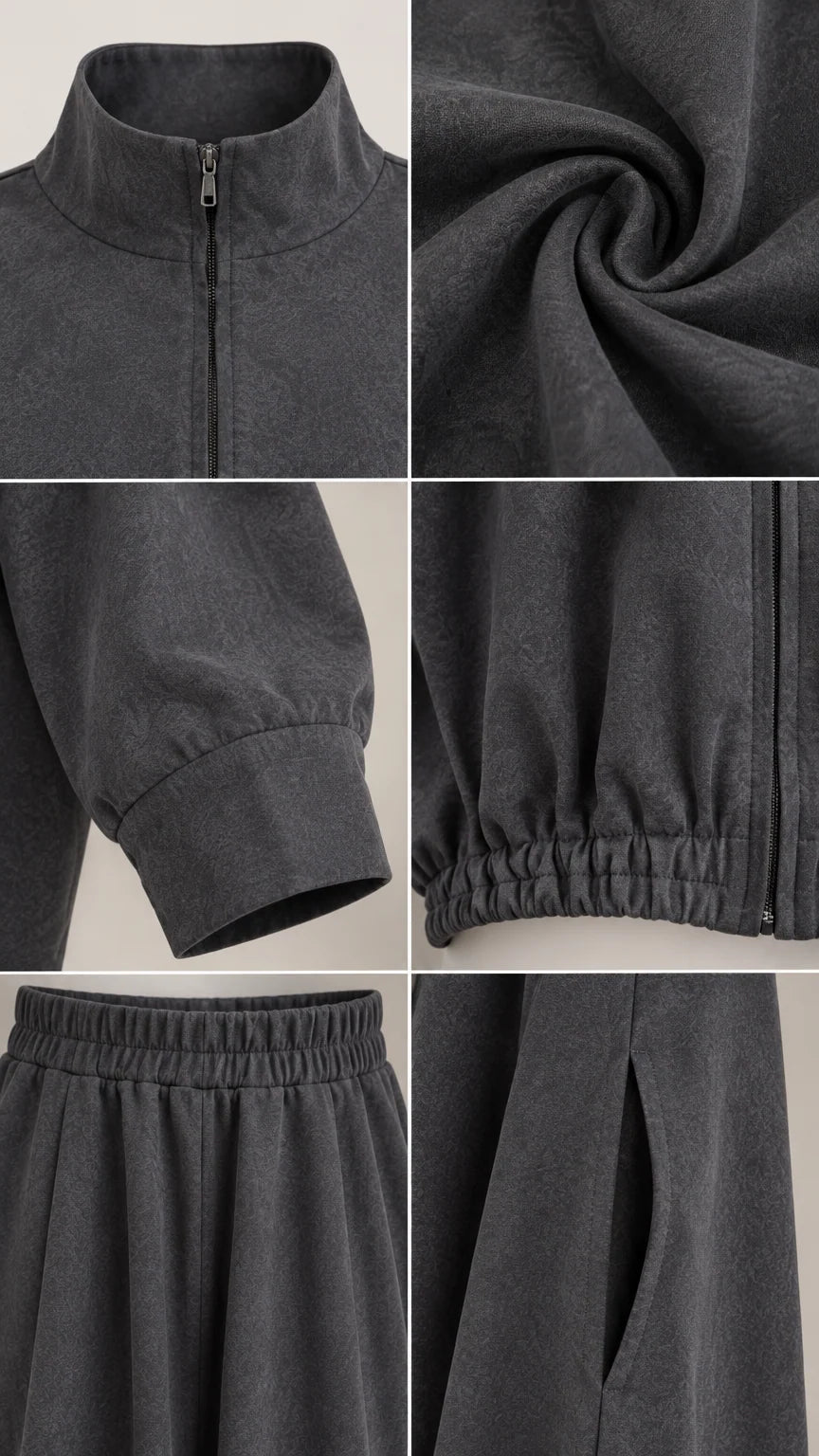 Close-up details of charcoal grey set showing mock neck zipper, soft fabric texture, cuffs, elastic hem, waistband, and side pocket