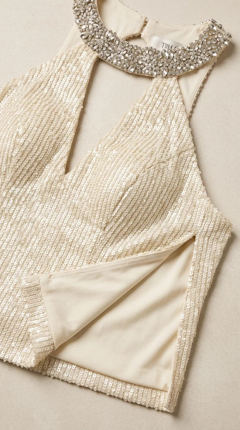Close-up detail of rhinestone jeweled halter neckline and sequined lined fabric