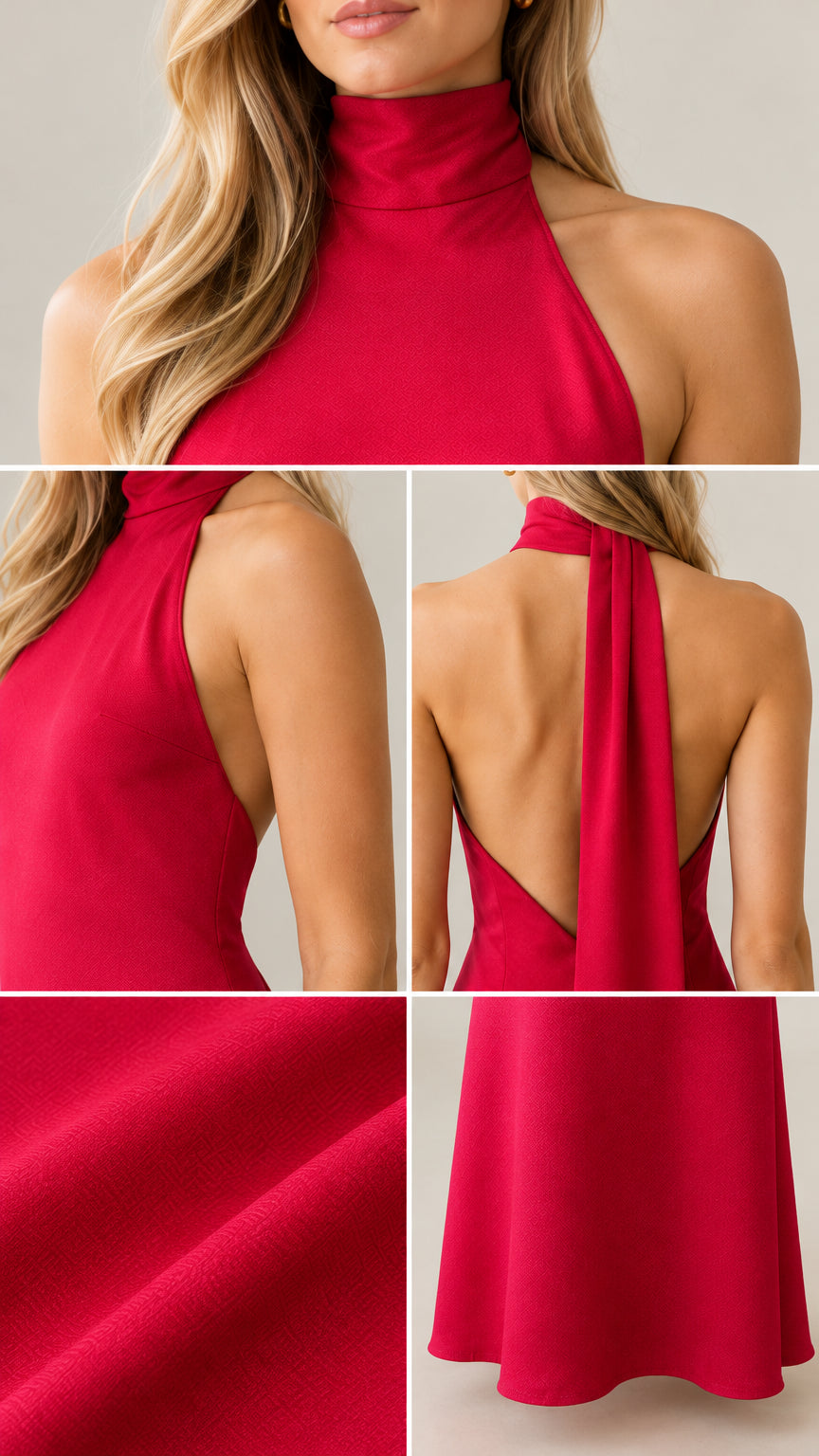 Close-up details of halter neckline, open back sash, and smooth fabric texture in berry red