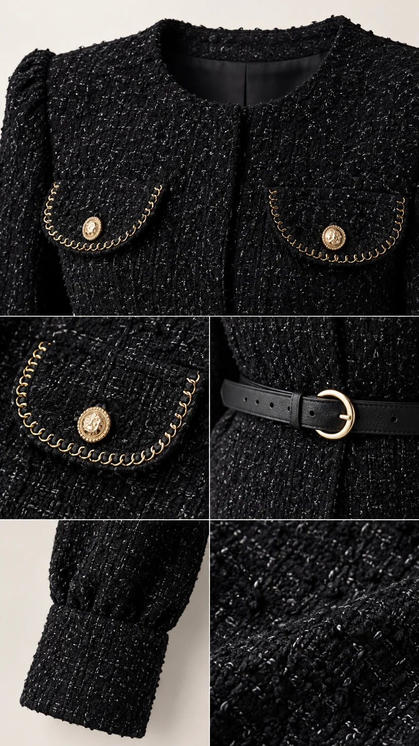 Close-up details of black tweed fabric, chain trim pockets, gold buttons, and slim belt