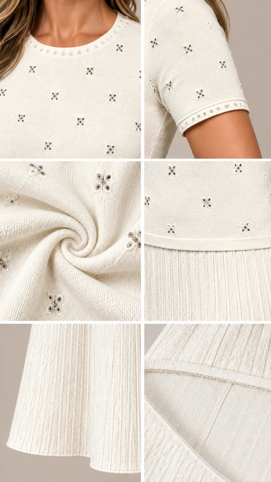 Close-up details of cream knit set showing star eyelet pattern and ribbed hem
