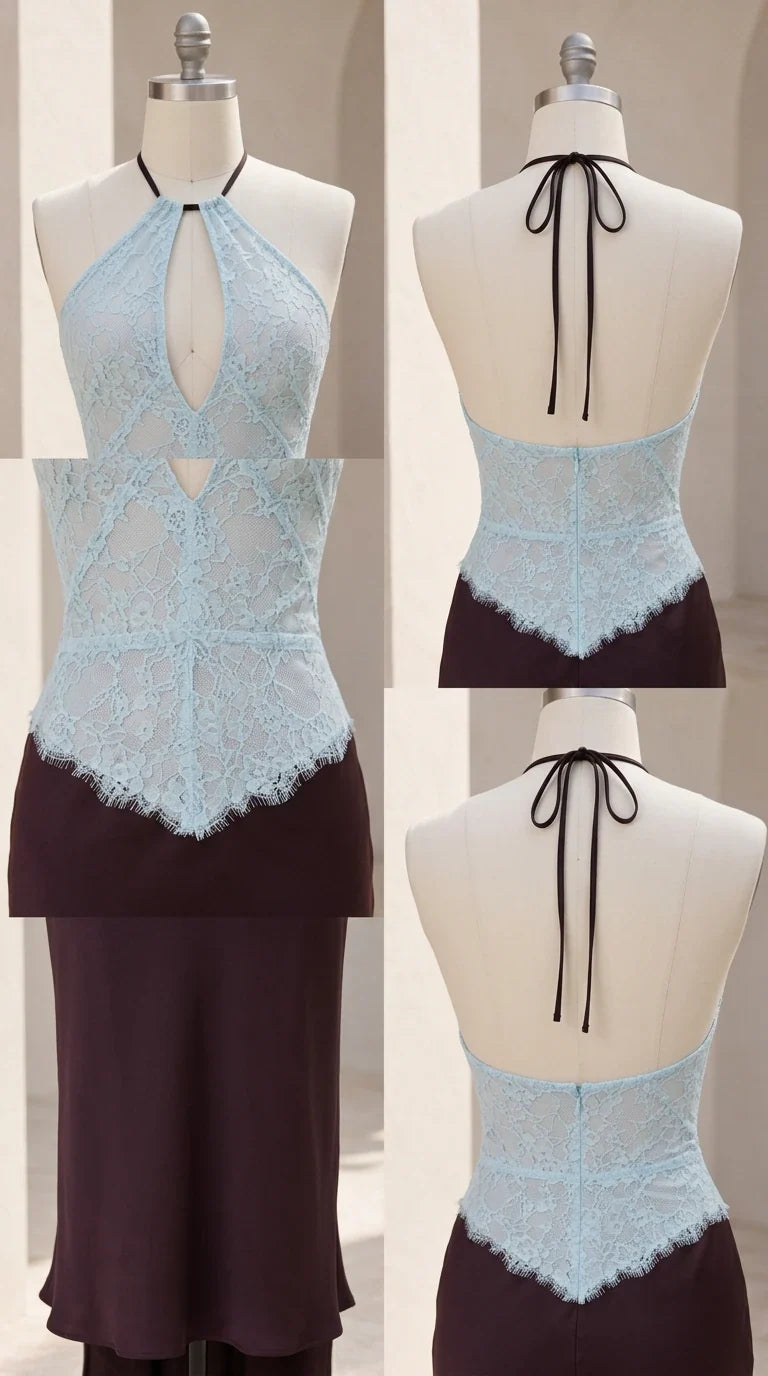Mannequin detail shots showing lace bodice, keyhole cutout, and back tie of the gown