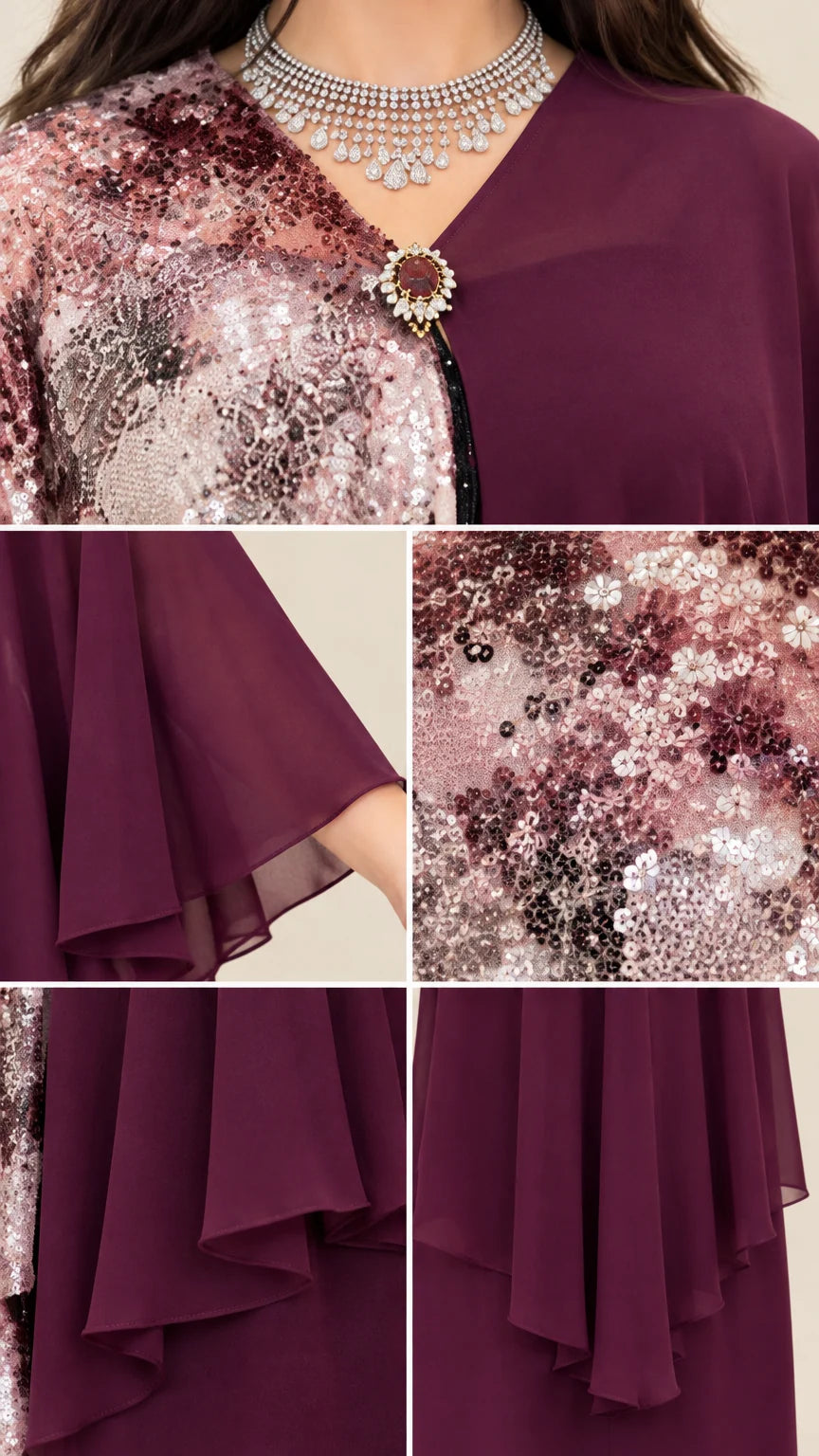 Close-up details of sequin embroidery, neckline brooch, and chiffon fabric