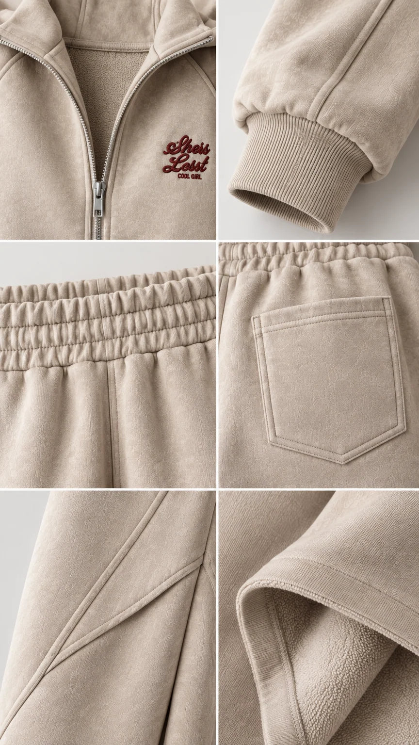 Close-up details of fleece lining, embroidery, zipper, waistband, and angled seams