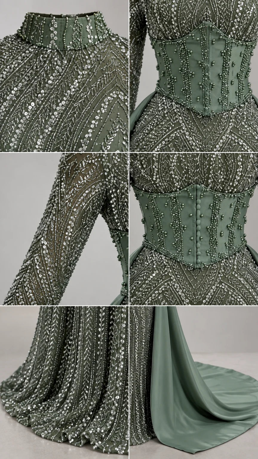 Close-up details of beadwork, high collar, corset waistline, and sleeve embellishments