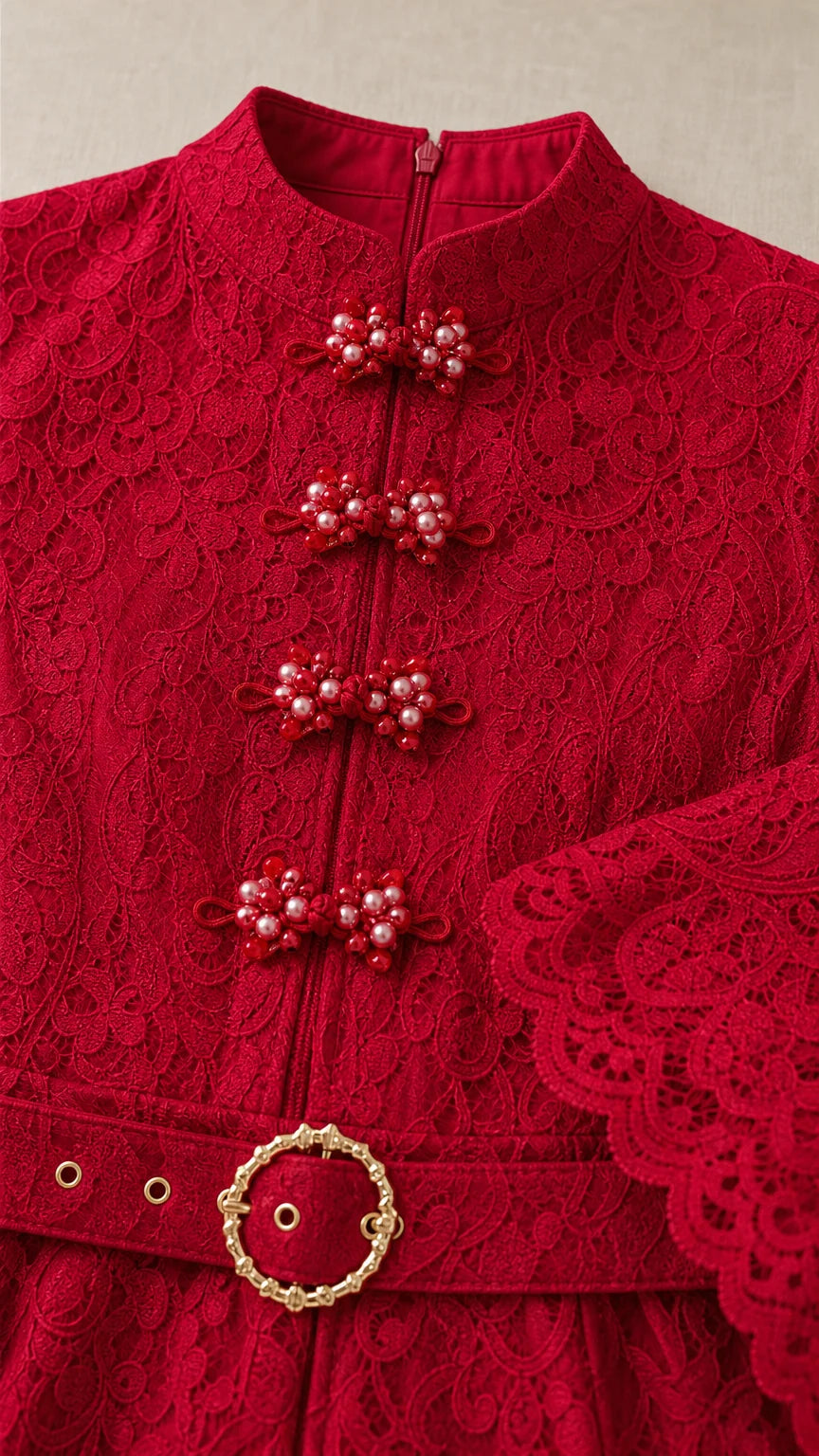 Close-up detail of red floral lace dress showing beaded frog buttons and round belt buckle
