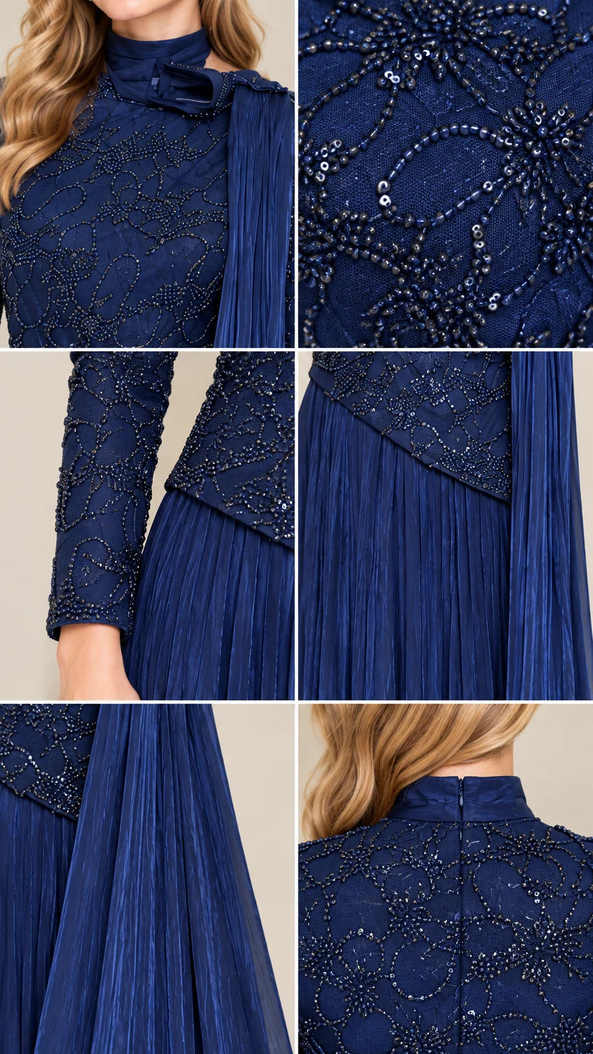 Close-up details of beaded embroidery, sequin embellishment, high neck, and pleated fabric in navy blue