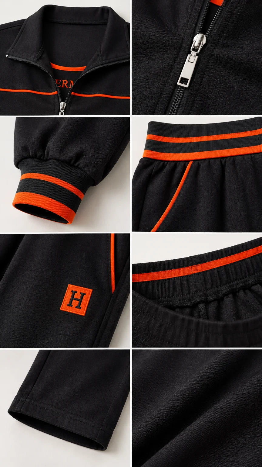 Close-up details of tracksuit zipper, ribbed striped cuffs, and pocket patch